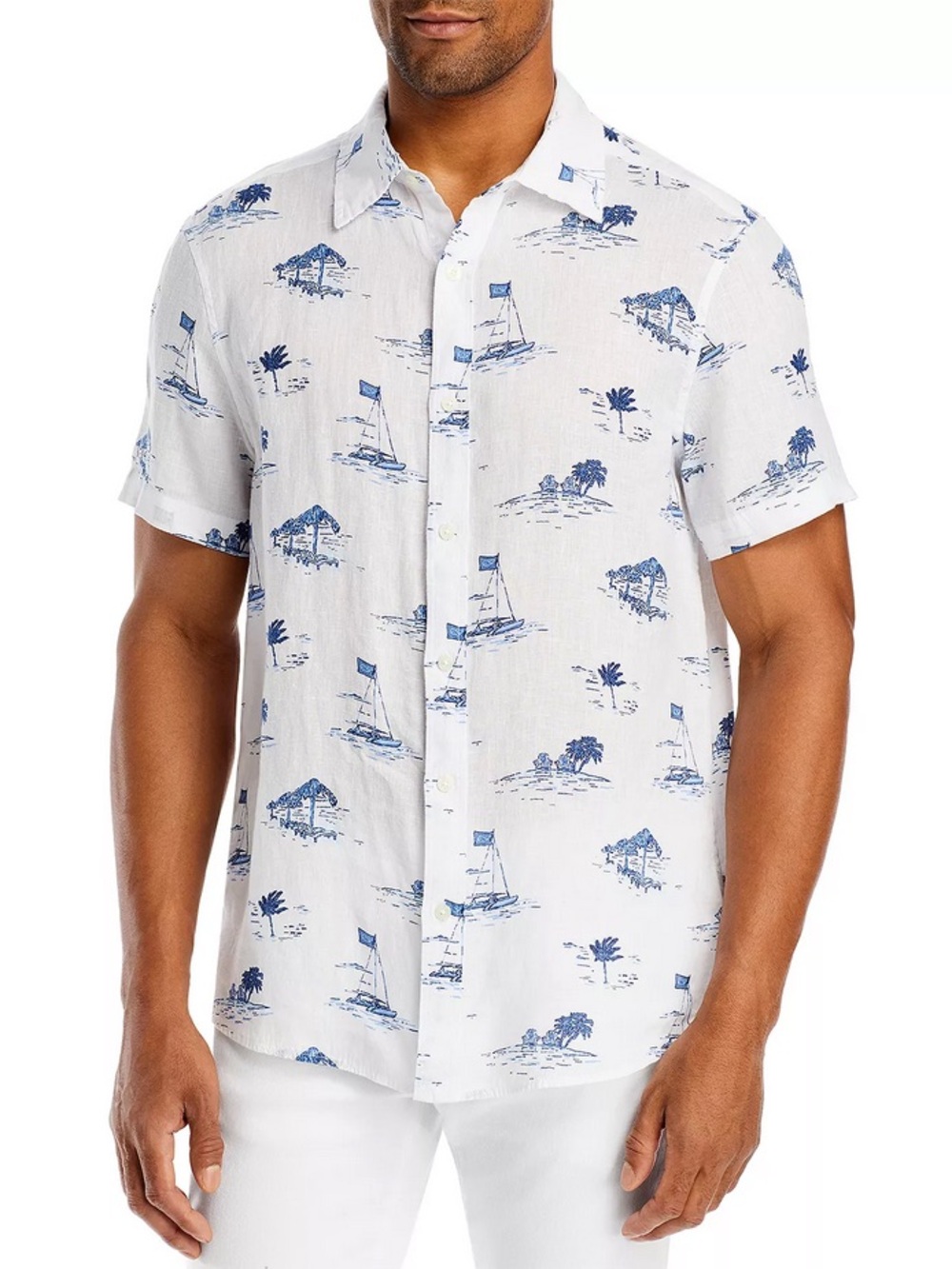 Vineyard Vines White Short-Sleeve Button-Down with Blue Island Print